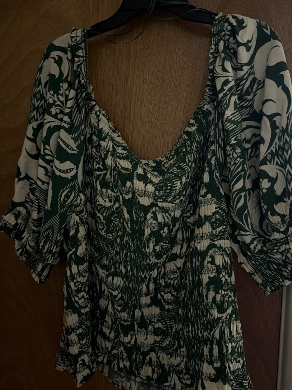 Terra & Sky Green and Cream Smocked Puff-Sleeve Tunic